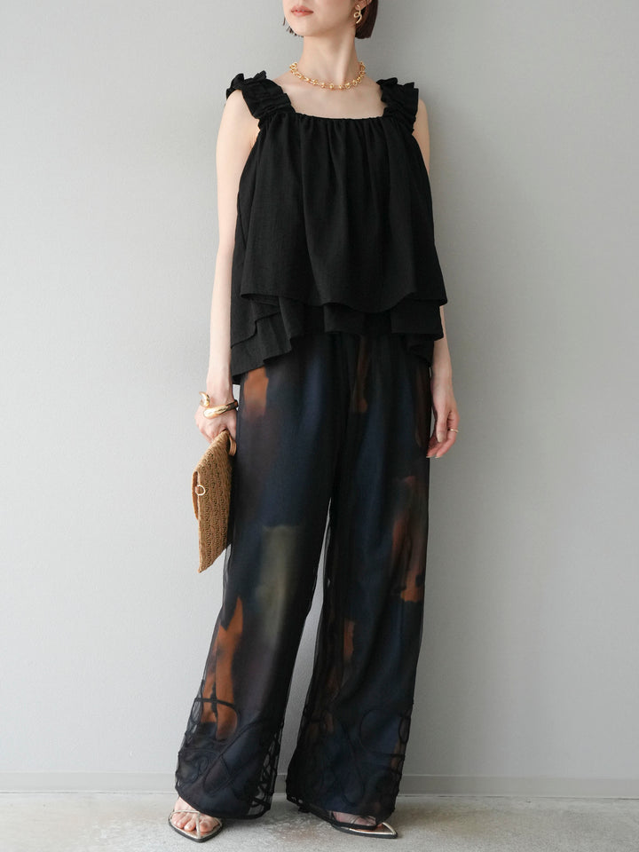 [SET] 縮肩喇叭背心 + 水彩藝術休閒褲 + 繩繡薄紗疊穿褲 (3 件套)