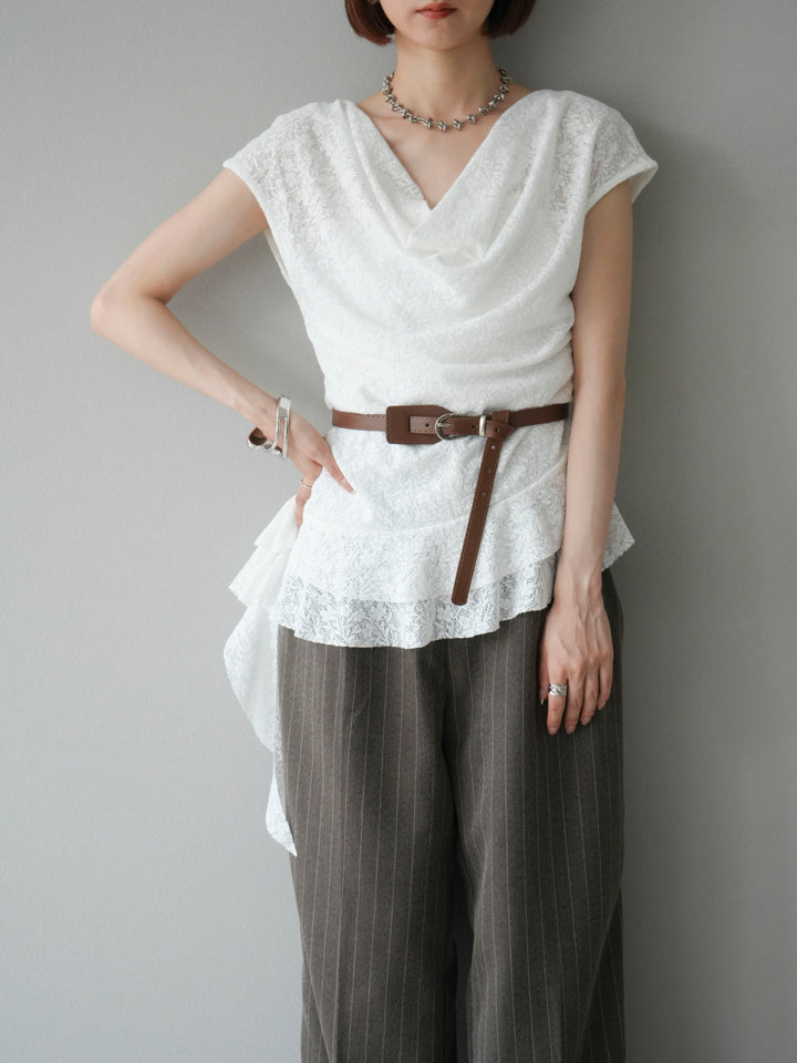 [予約]ベルト付ドレープデザインレーストップス/ホワイト