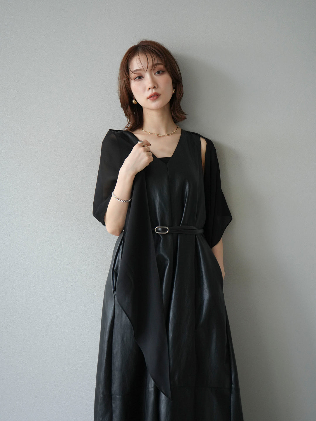 [予約]レザーAラインワンピース/ブラック