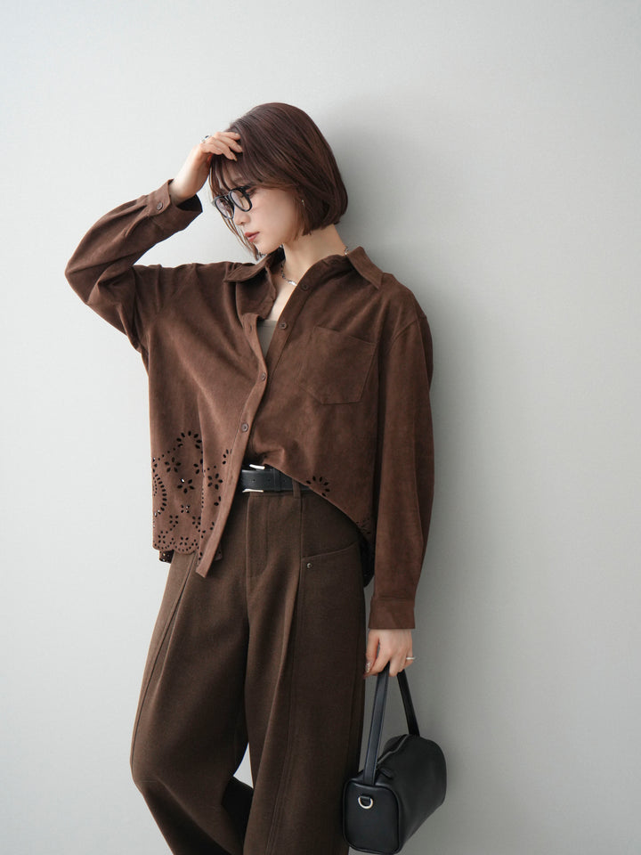 [予約]裾スカラップスエードシャツ/brown