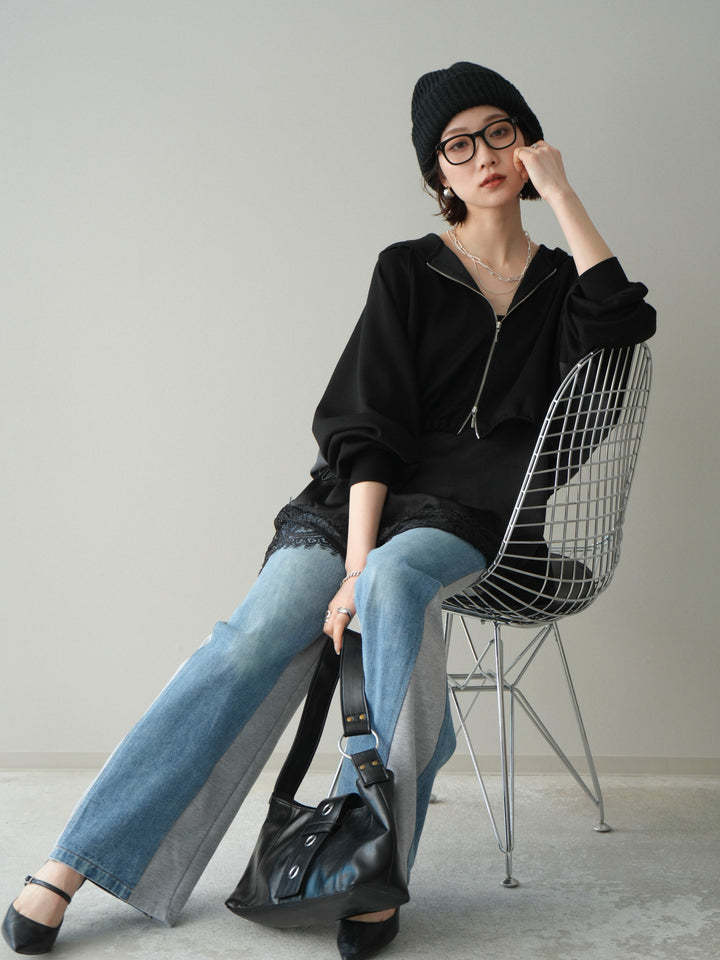 [予約]バイカラー異素材ライトポンチクロップドZIPフーディー/black