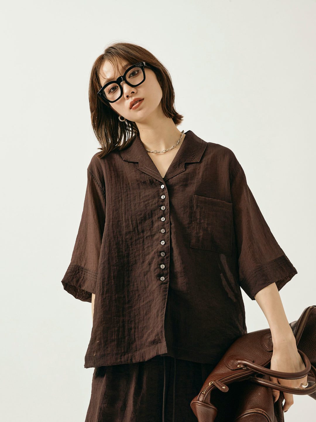 【Allure】[SET]シャイニースラブシアー開襟ハーフシャツ+シャイニースラブシアーワイドパンツ(2set)