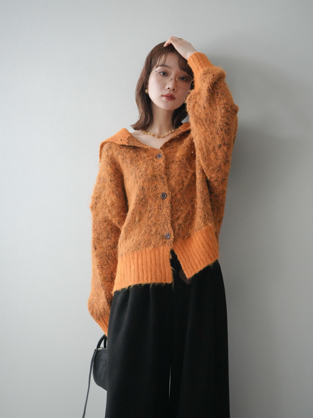 [SET]リブ切替メランジニットカーディガン+モチーフベルト付スエードタックワイドパンツ(2set)