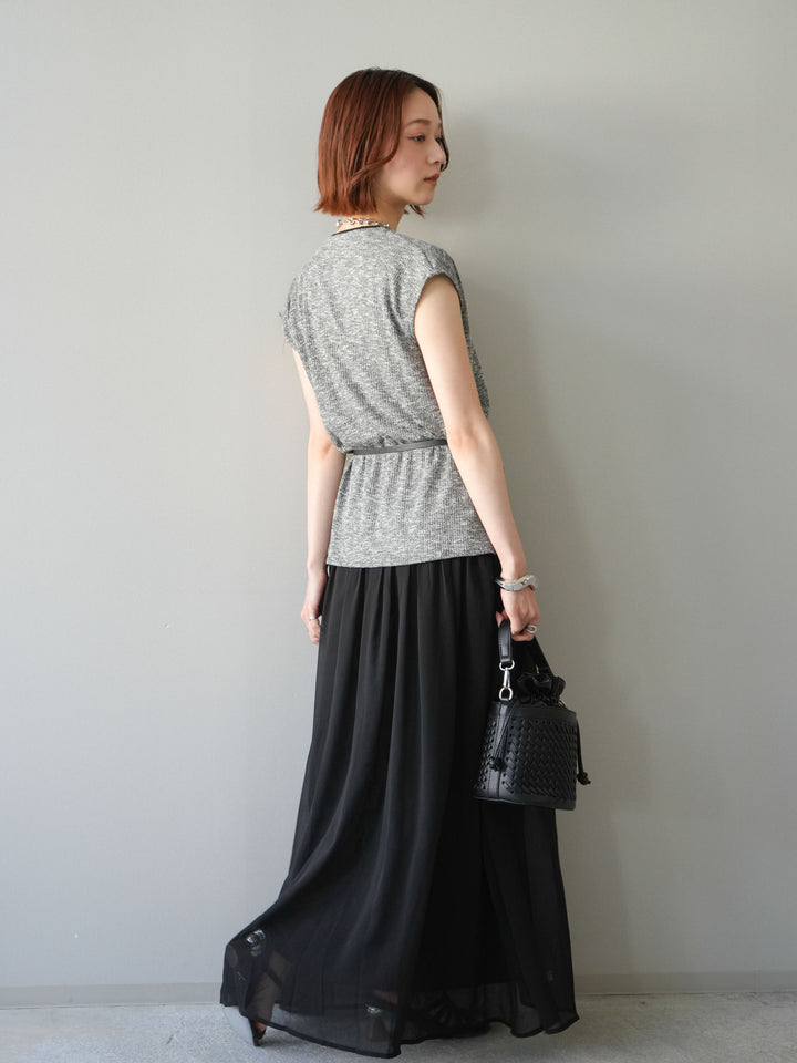 [予約]ベルト付シフォンコンビジャージワンピース/black