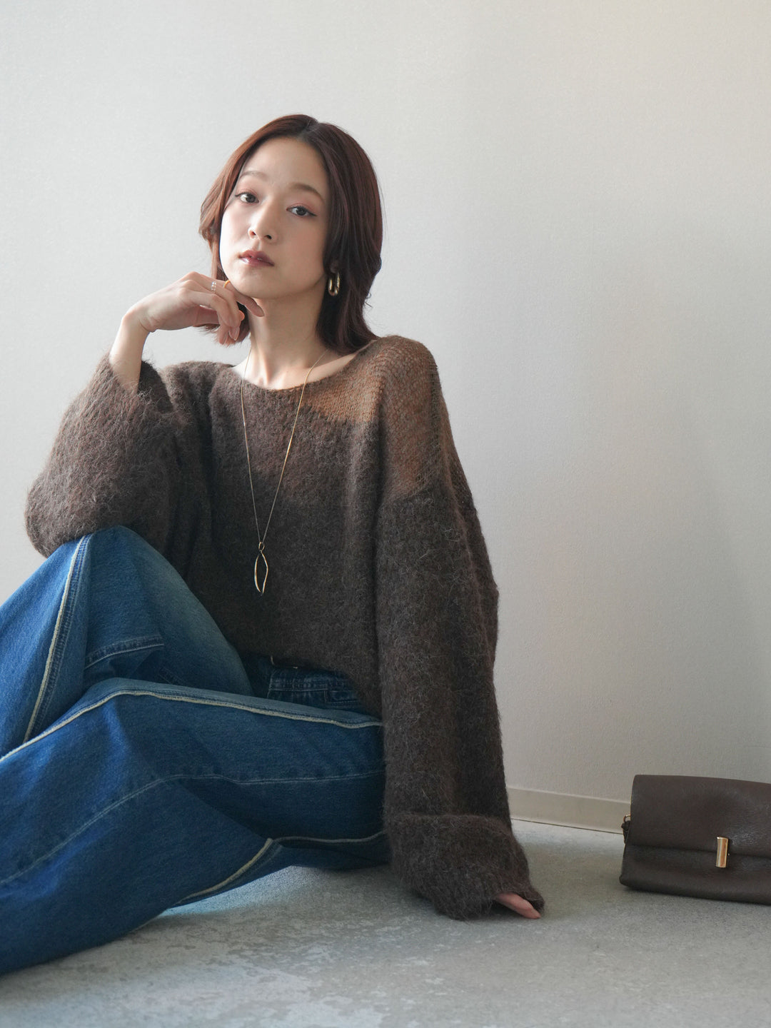 [SET]透かしデザインニットプルオーバー+サイドフリンジワイドデニムパンツ(2set)