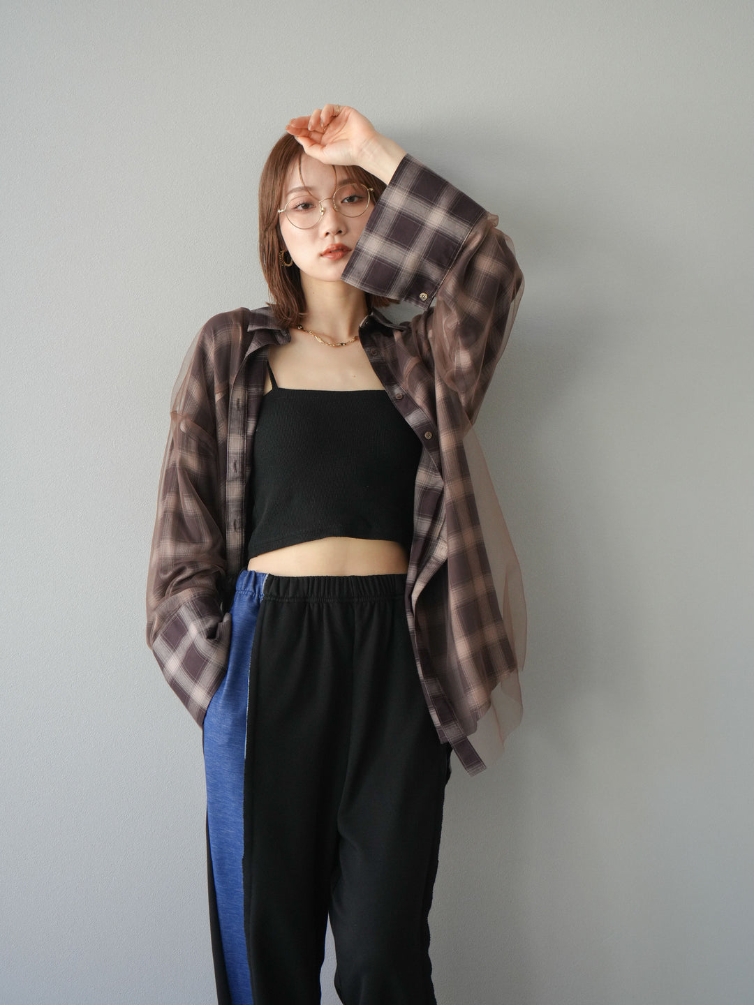 [套裝] 薄紗對接格紋寬鬆襯衫 + 牛仔布 Switch 2-Way 設計運動褲 (2 套)