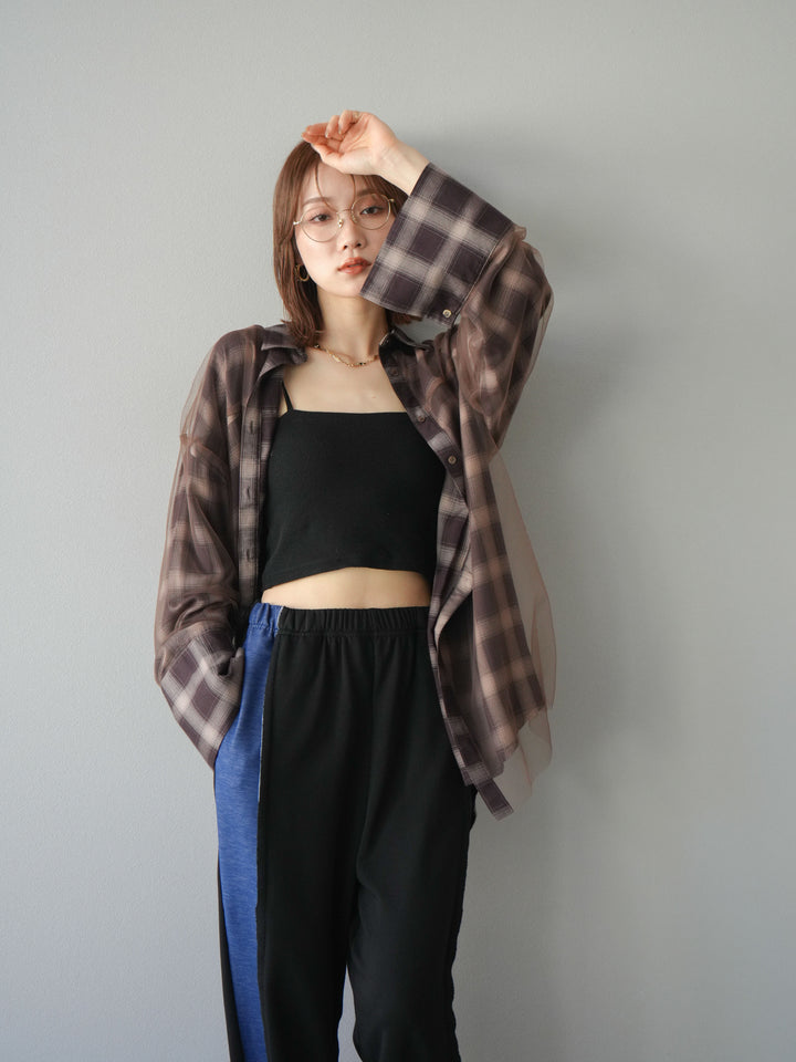 [套裝] 薄紗對接格紋寬鬆襯衫 + 牛仔布 Switch 2-Way 設計運動褲 (2 套)