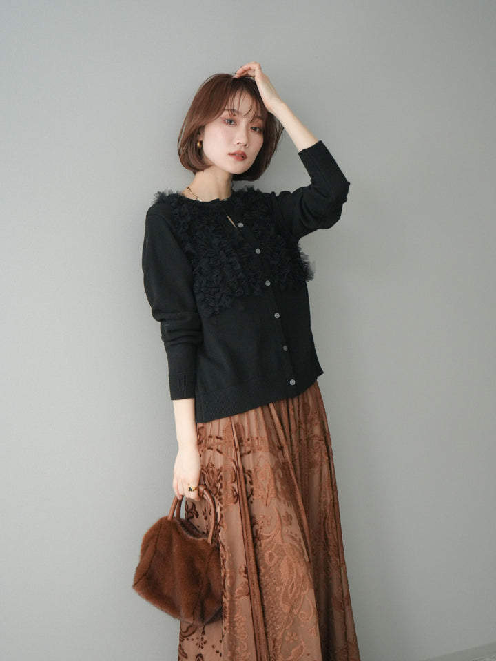 [SET]チュールフリルニットカーディガン+アンティーク柄フロッキーマキシスカート(2set)