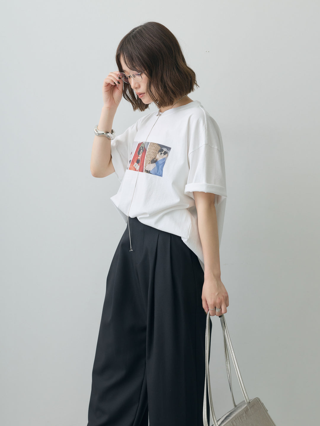 [SET]スリードッグフォトボックスTEE+アシンメトリーベルトタックワイドパンツ(2set)