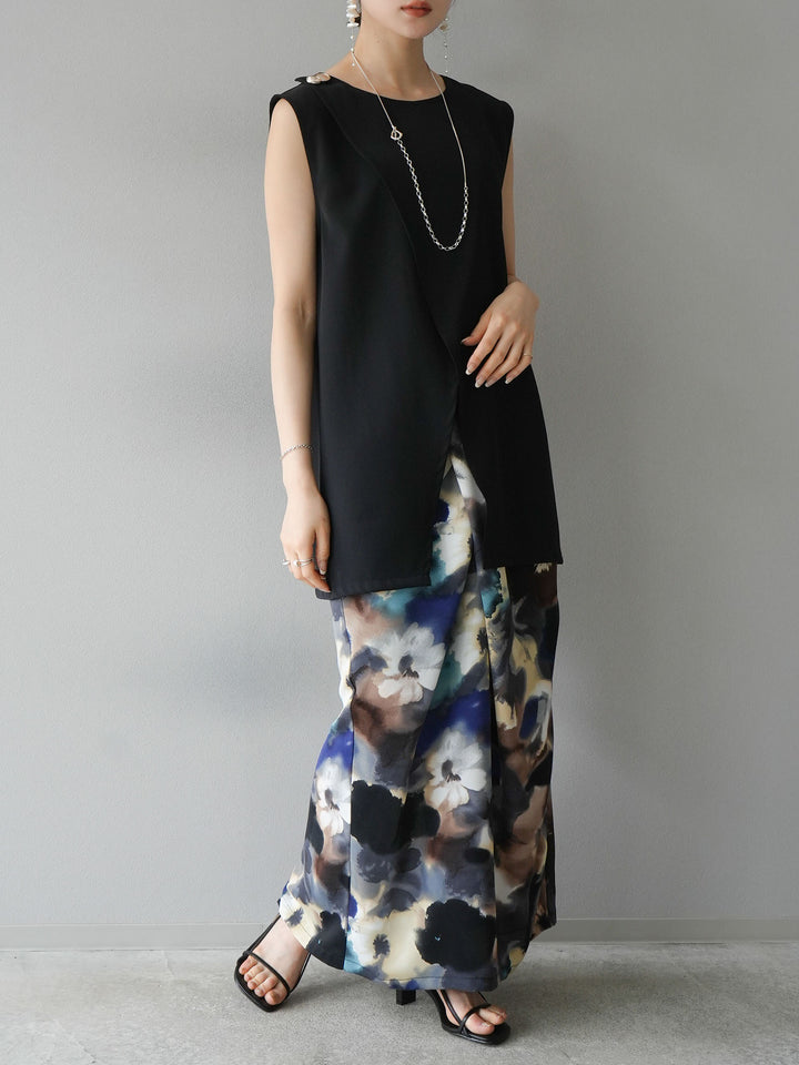 [SET] Layered design vest + watercolor print tuck I-line skirt (2set)