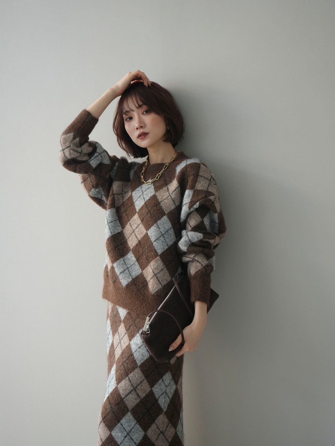 [SET]アーガイルニットプルオーバー&ロングスカートSET UP+選べるアクセセット(2set)