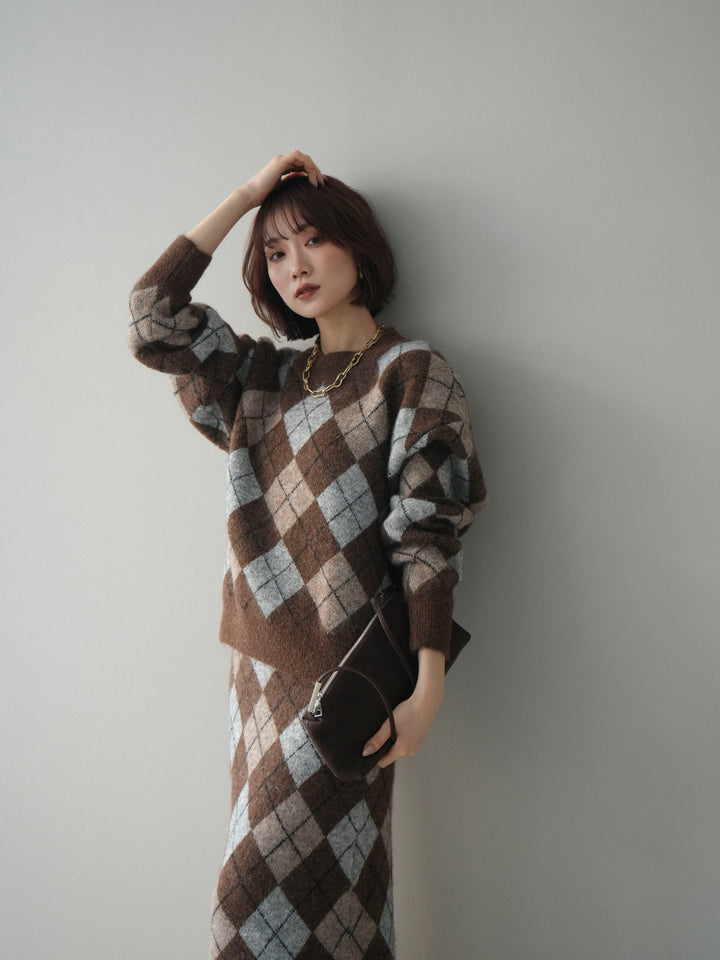 [SET]アーガイルニットプルオーバー&ロングスカートSET UP+選べるアクセセット(2set)