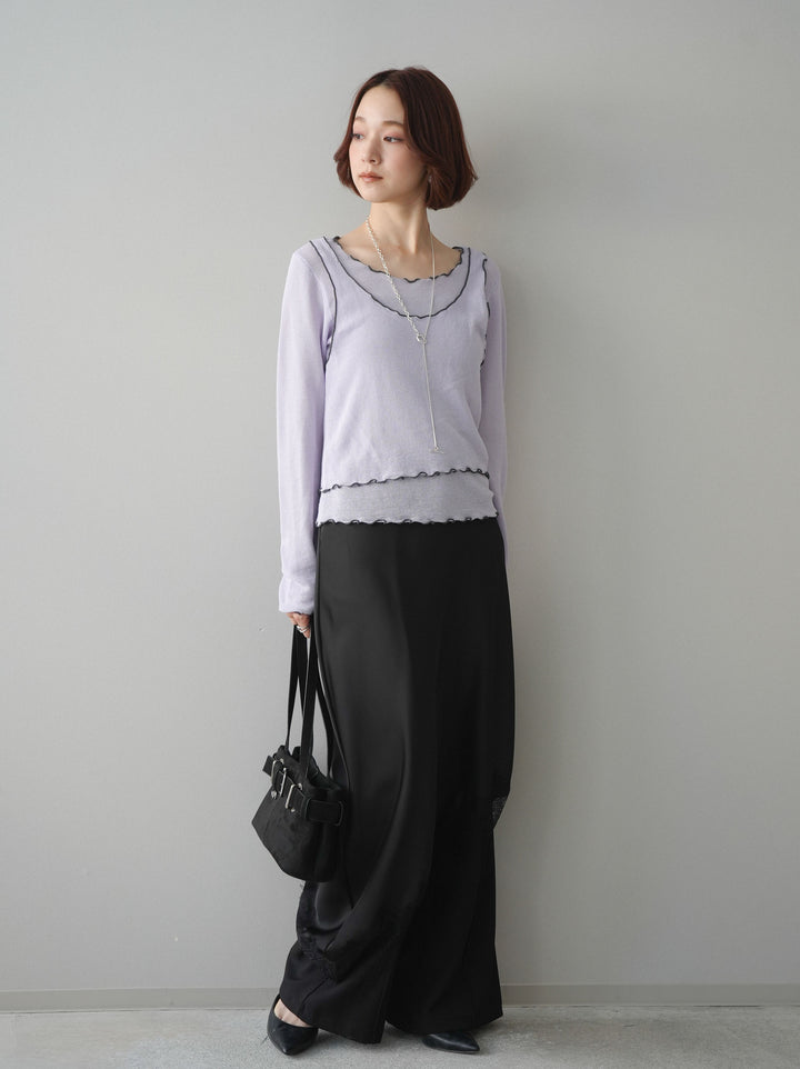 [予約]サテンライクアシメレーススカート/black