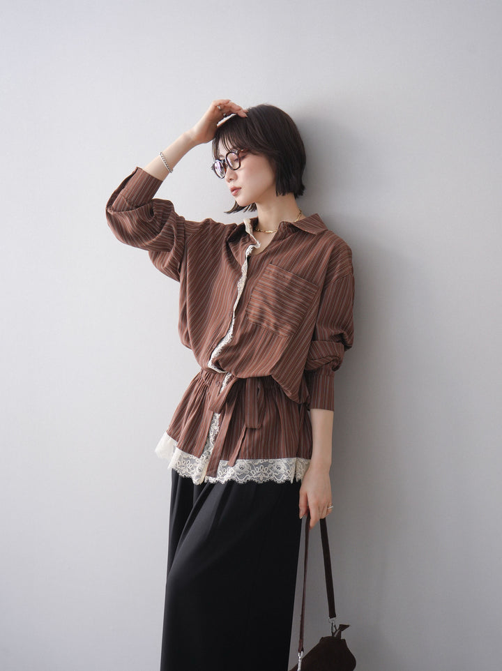 [予約]レース付ストライプウエストギャザーシャツ/brown