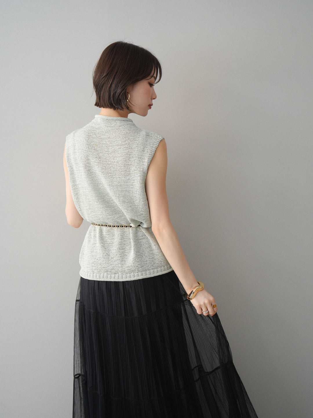 [予約]ノースリーブリネンタッチシアーニットプルオーバー/green