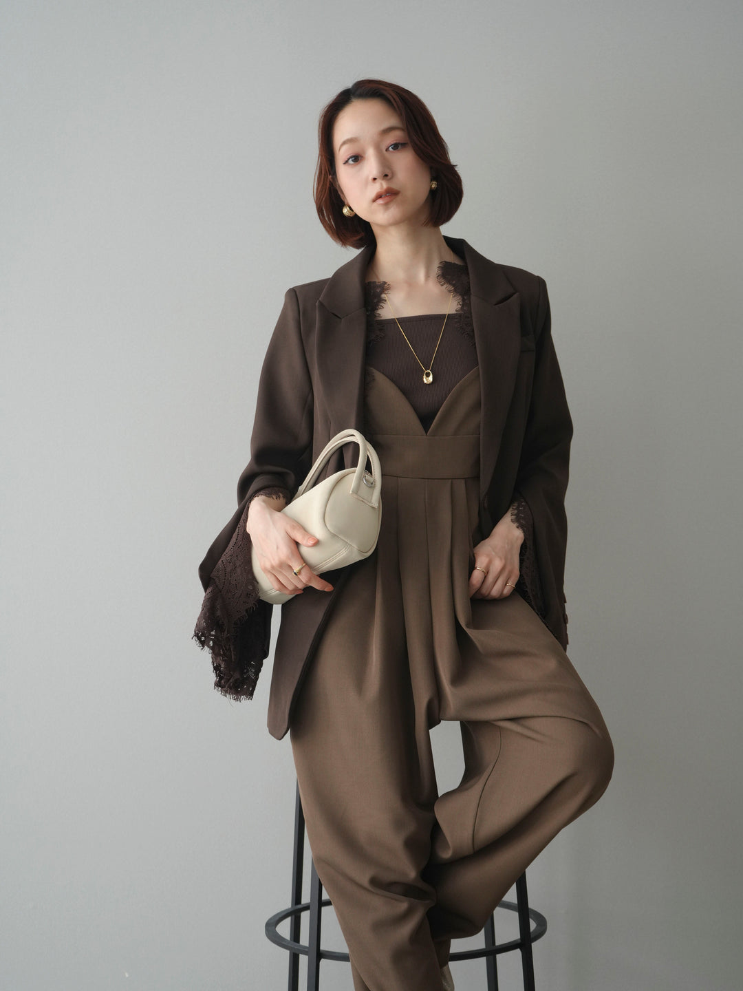 [SET]レースレイヤードスリットジャケット+バックデザインサロペット(2set)