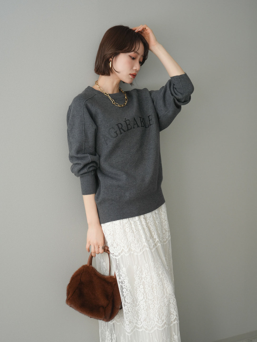 [予約]半ラバープリントロゴスウェットライクニットプルオーバー/mokucharcoal