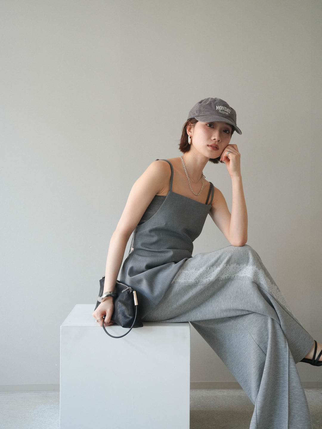 [SET]バックリボンバルーンチュニックキャミ+サイドレースポンチワイドパンツ(2set)