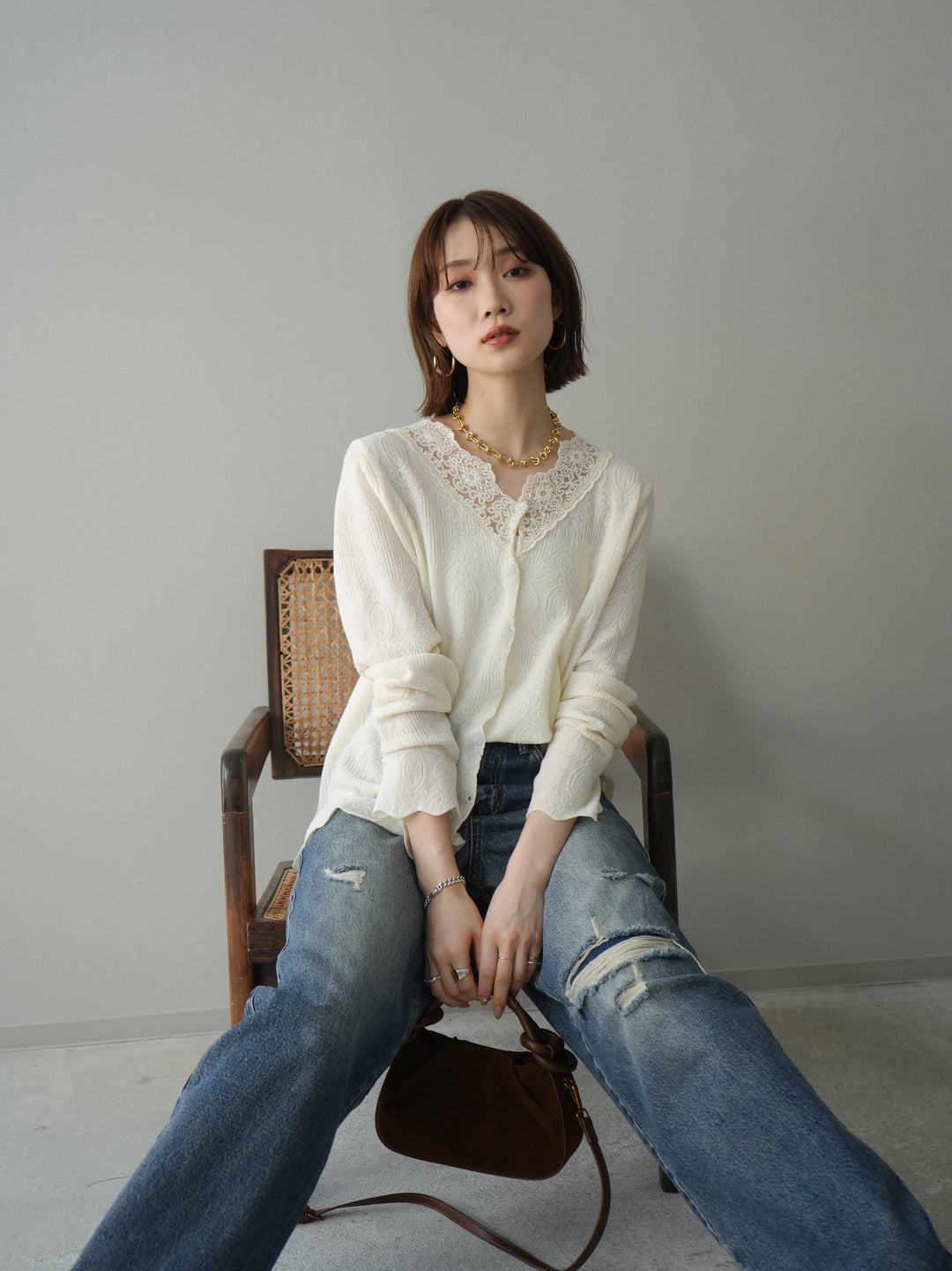 [SET]レースネックジャガードニットカーディガン+ダメージデニムセミワイドパンツ(2set)