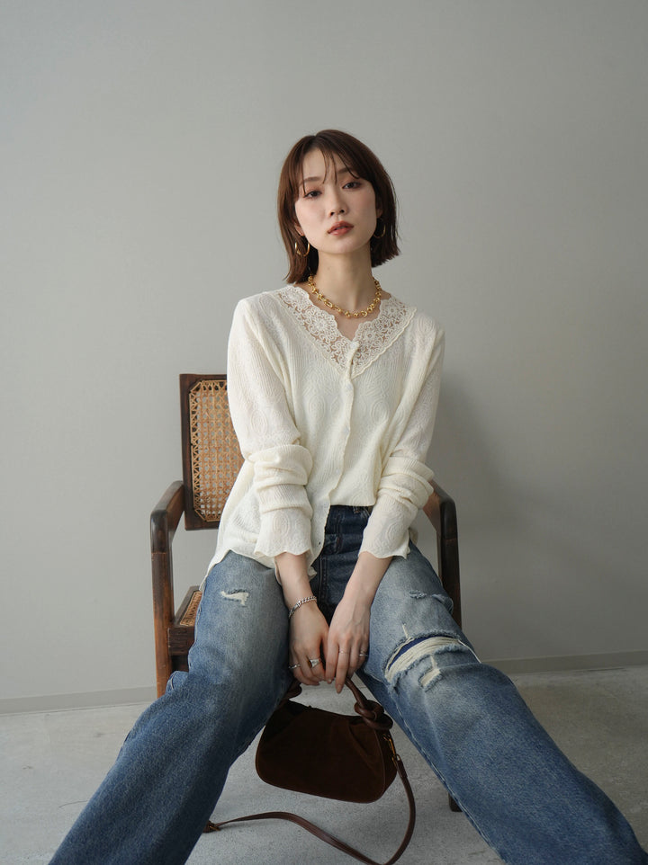 [SET]レースネックジャガードニットカーディガン+ダメージデニムセミワイドパンツ(2set)