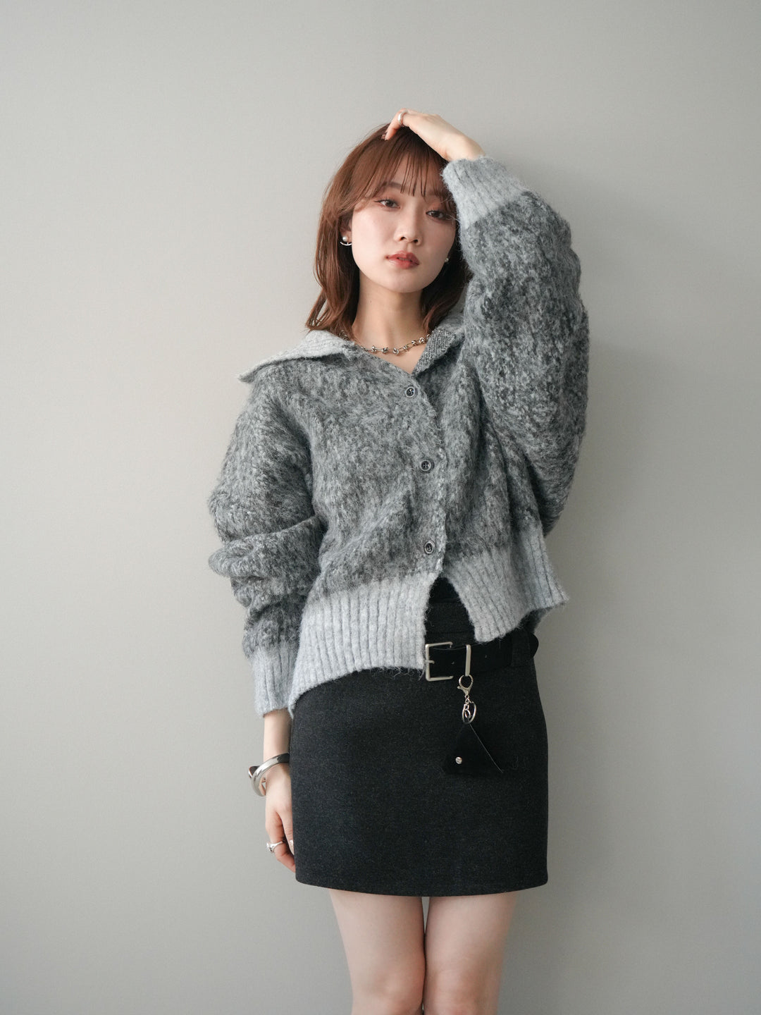 [予約]リブ切替メランジニットカーディガン/charcoal