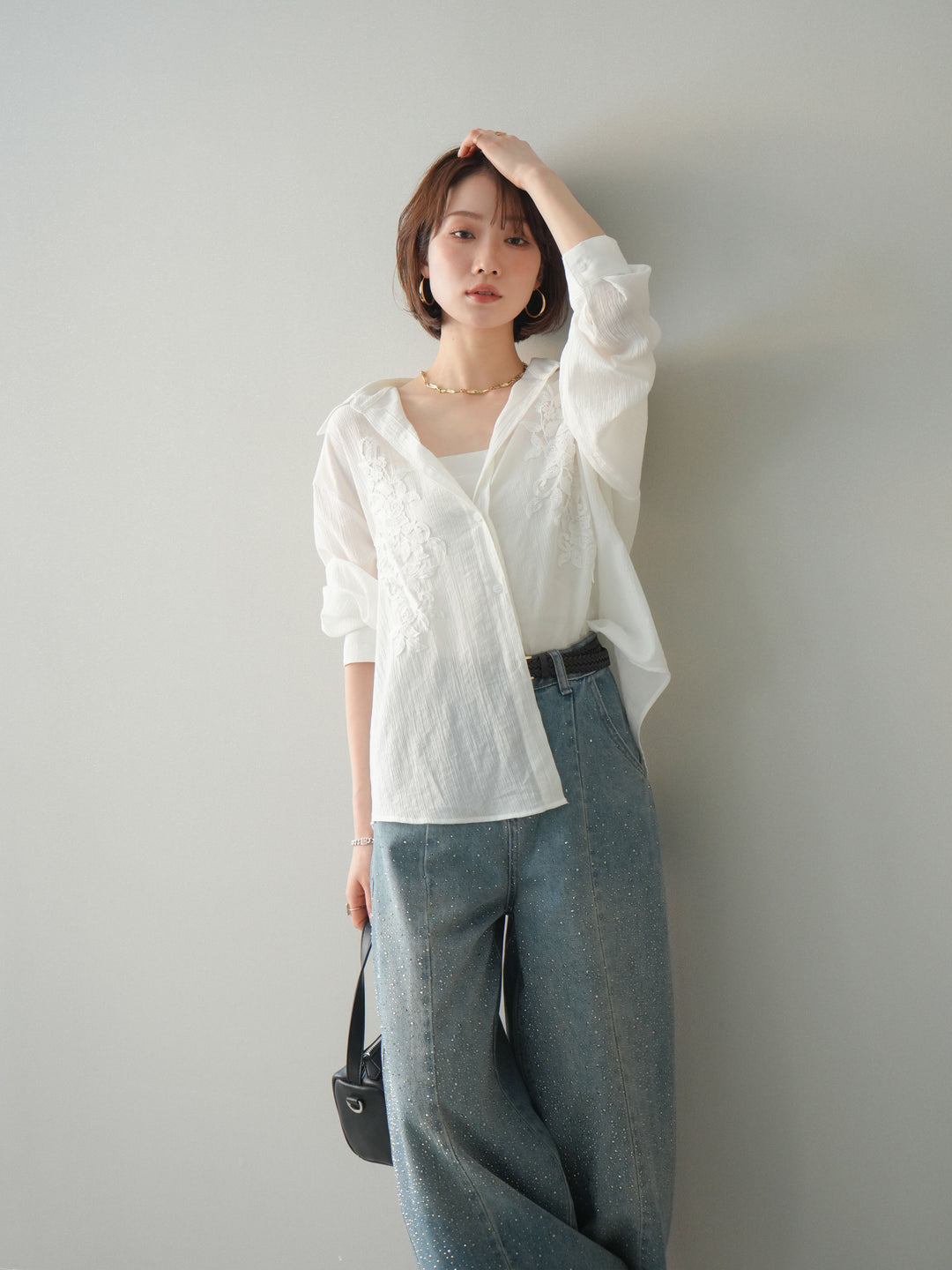 [SET]楊柳刺繍ブラウス+フロントビジューカーブデニムパンツ(2set)