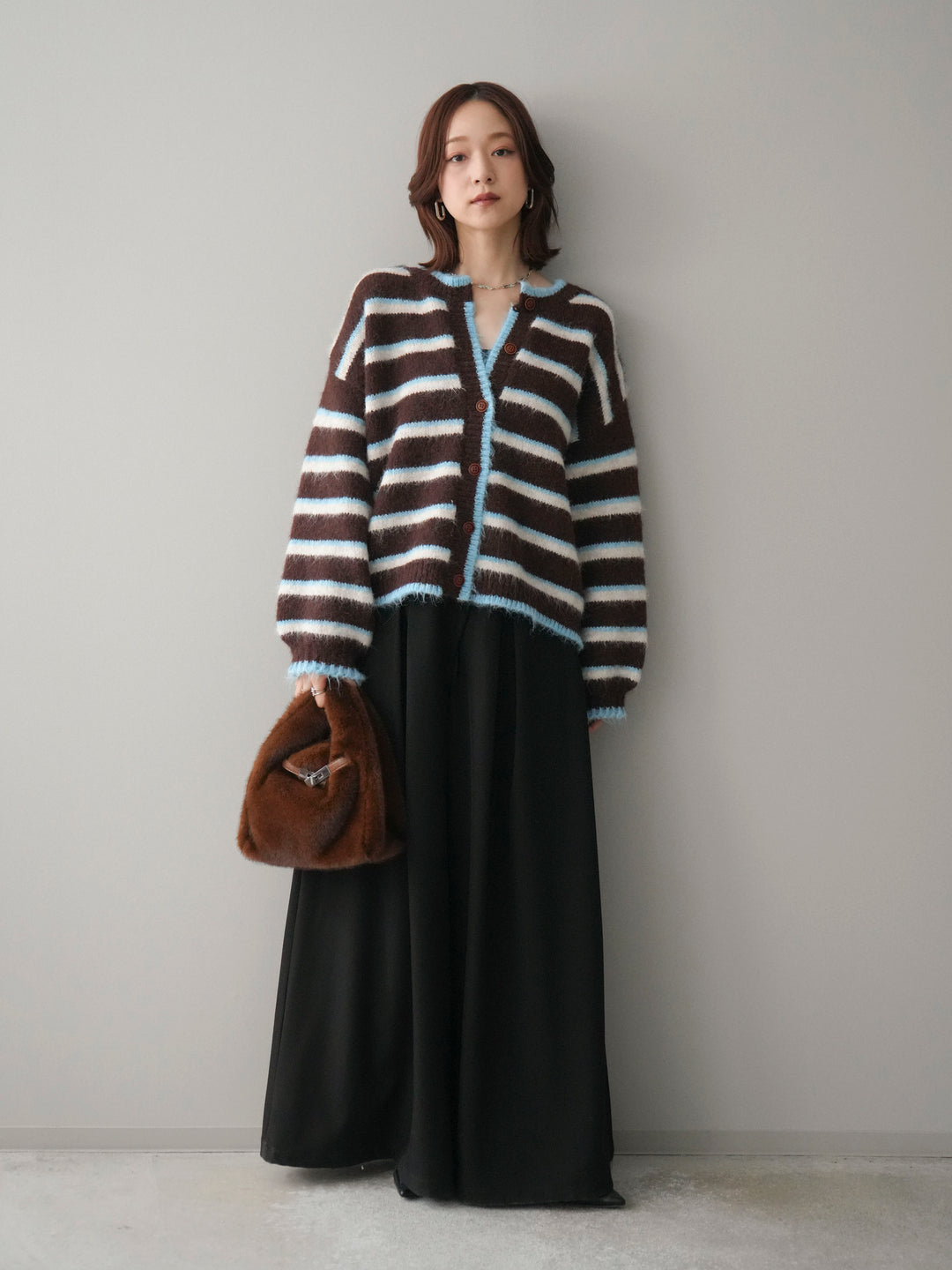 [SET]ウールタッチ配色ボーダーニットカーディガン+テープベルトタックバギーパンツ(2set)