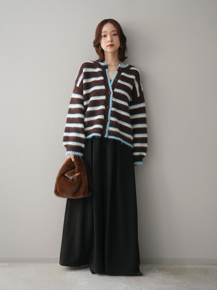 [SET]ウールタッチ配色ボーダーニットカーディガン+テープベルトタックバギーパンツ(2set)