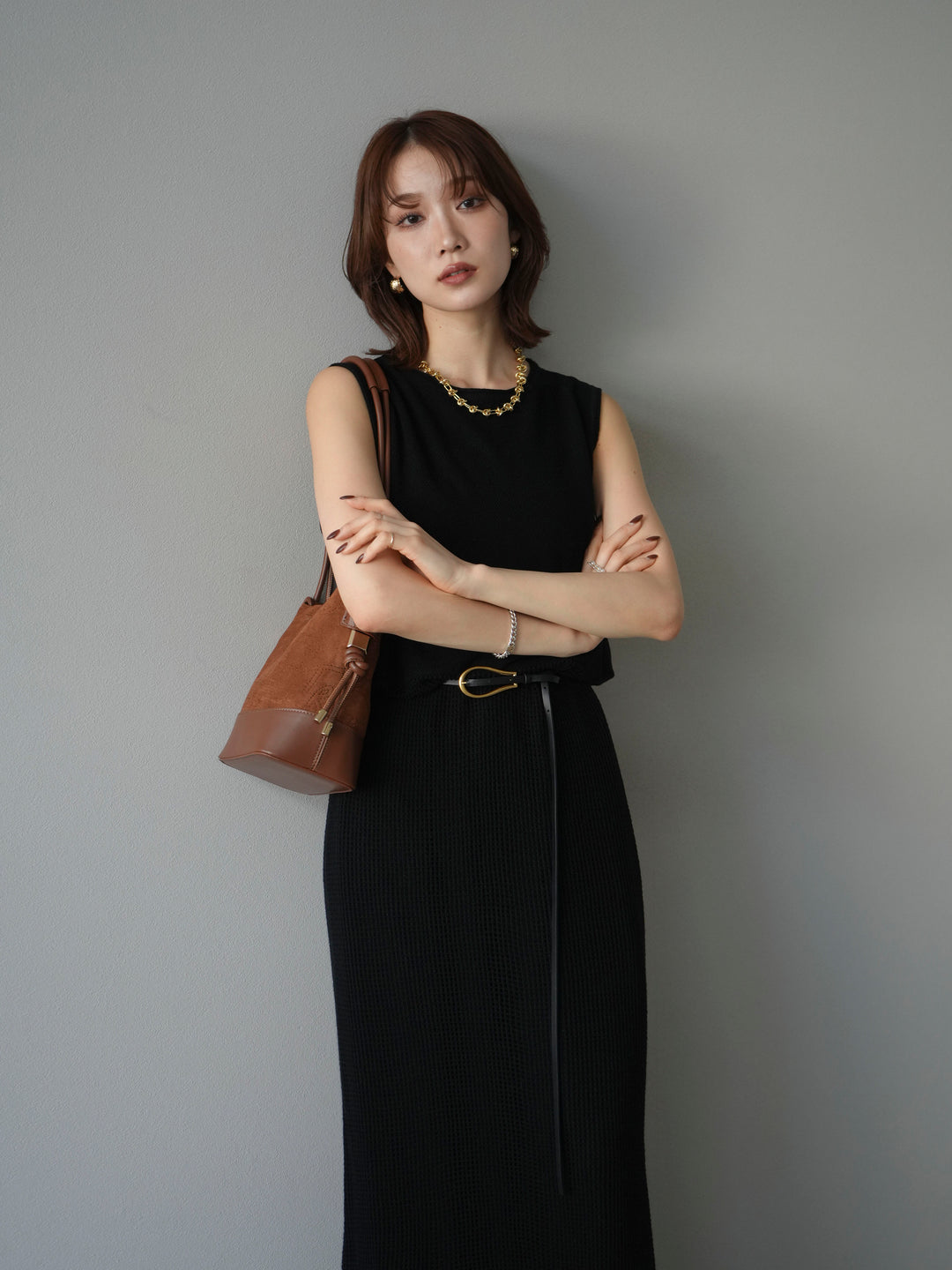 [予約]メッシュ切替ノースリーニットワンピース/black