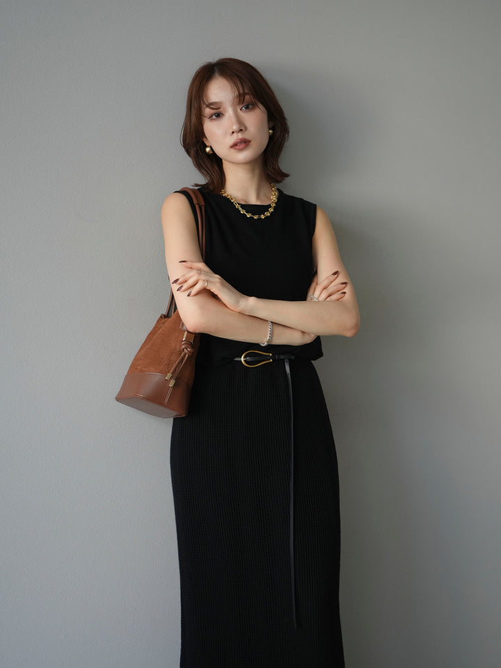 [予約]メッシュ切替ノースリーニットワンピース/black