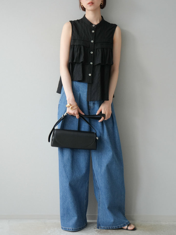 [予約]ドビーストライプアシンメトリーフリルノースリブラウス/ブラック