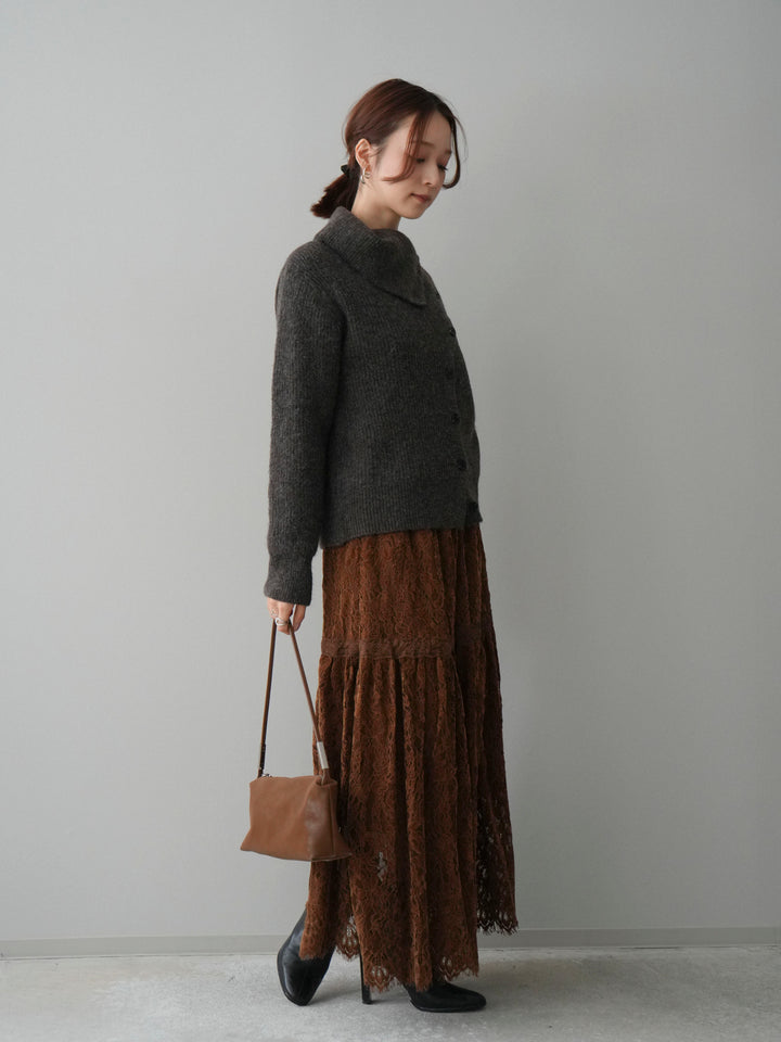 [SET]ハイネックデザインボタンニットカーディガン+起毛レースティアードスカート(2set)