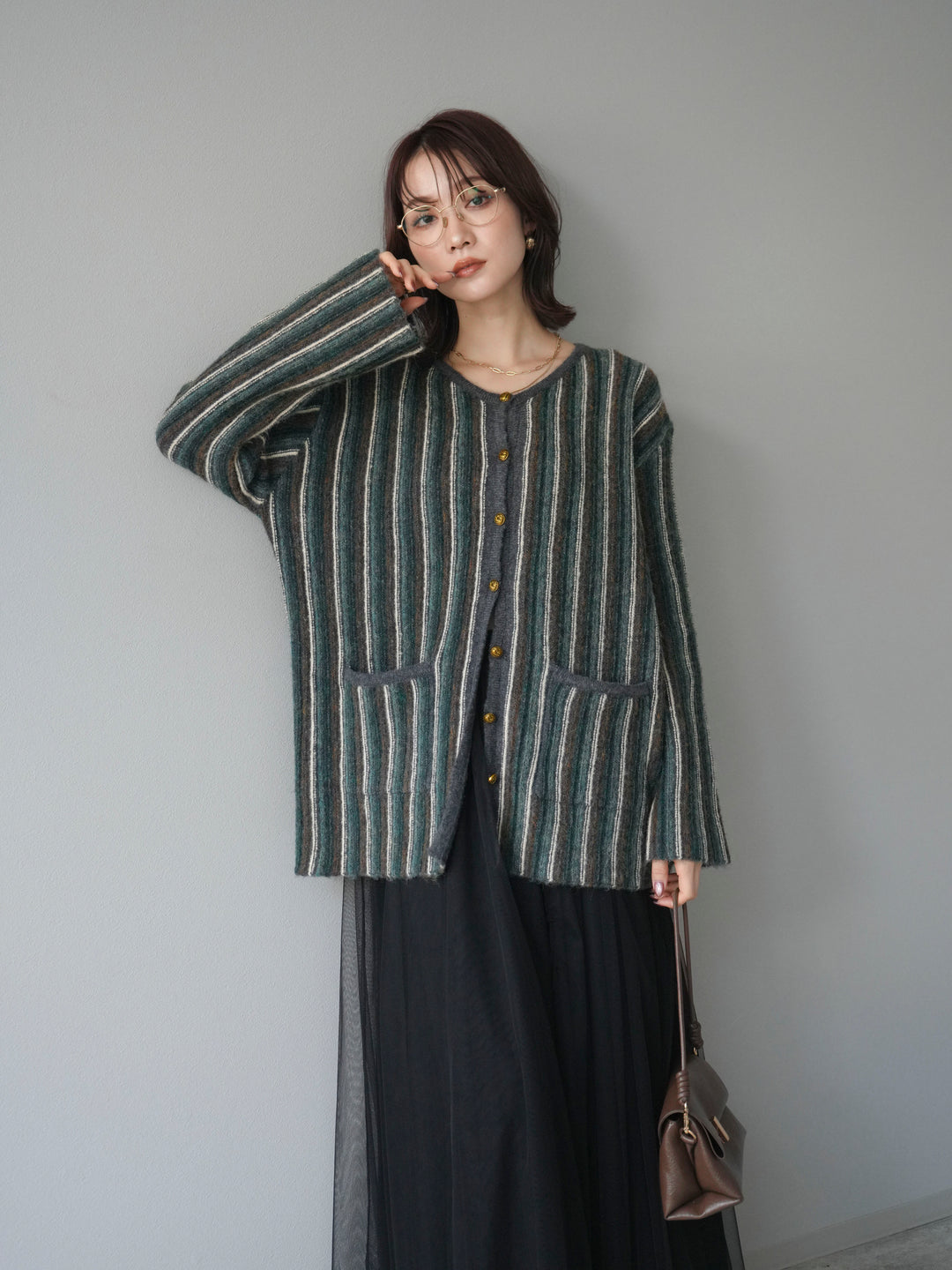 [予約]アンティークボタンストライプニットカーディガン/charcoal