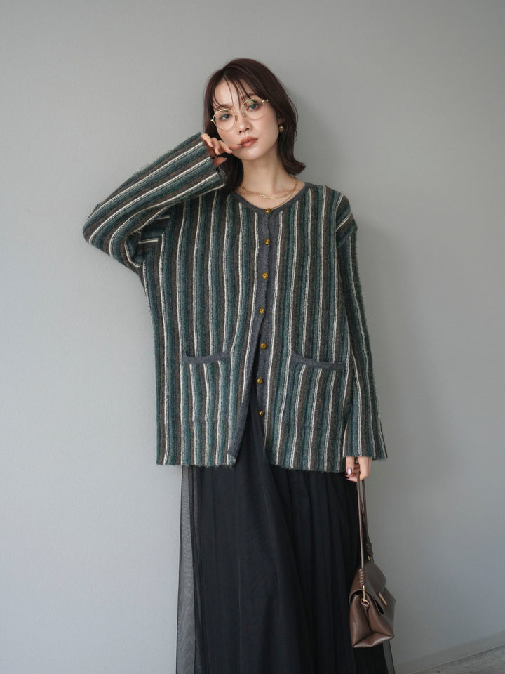 [予約]アンティークボタンストライプニットカーディガン/charcoal
