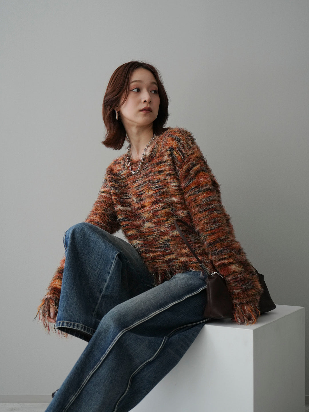 [予約]裾フリンジミックスヤーンシャギープルオーバー/orange