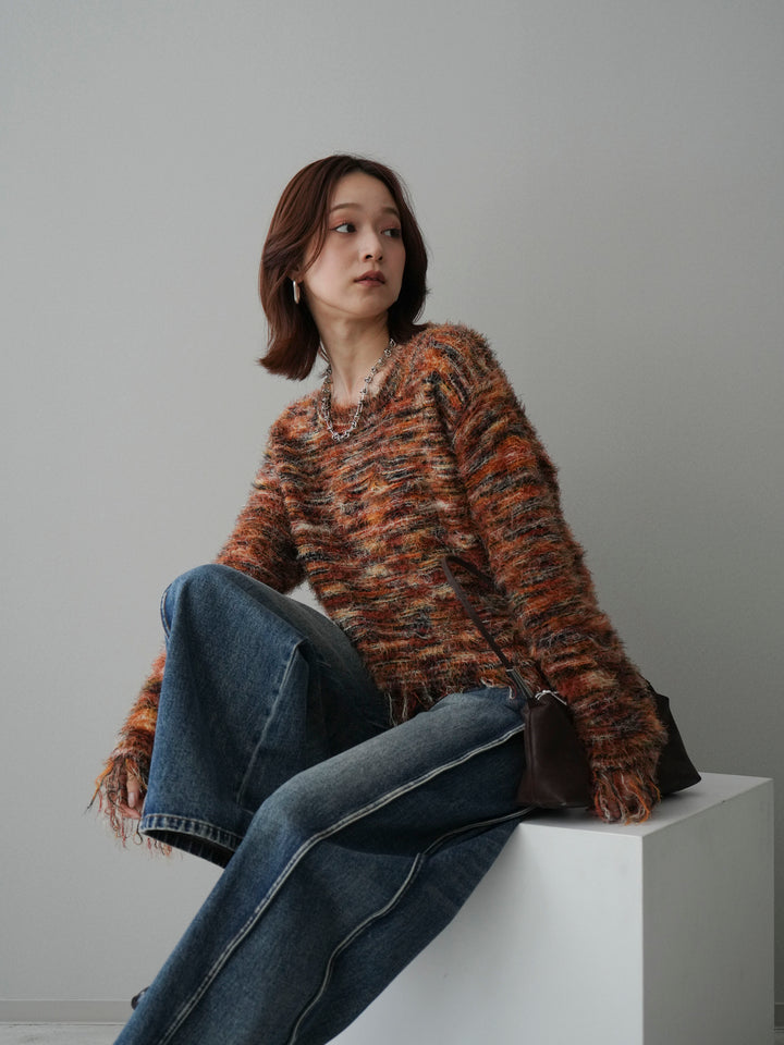 [予約]裾フリンジミックスヤーンシャギープルオーバー/orange