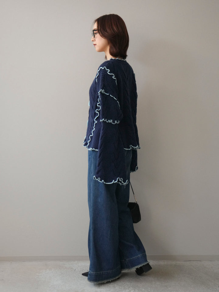 [SET]フロントリボン配色メローニットカーディガン+裏起毛裾フリンジワイドデニムパンツ(2set)