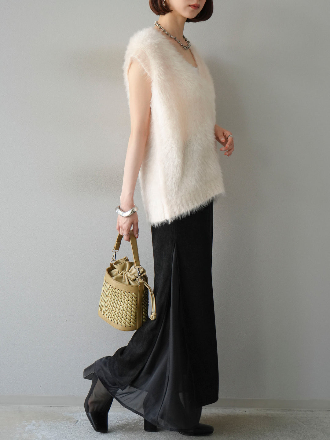 [予約]サイドスリットスウェードドッキングシフォンスカート/ブラック