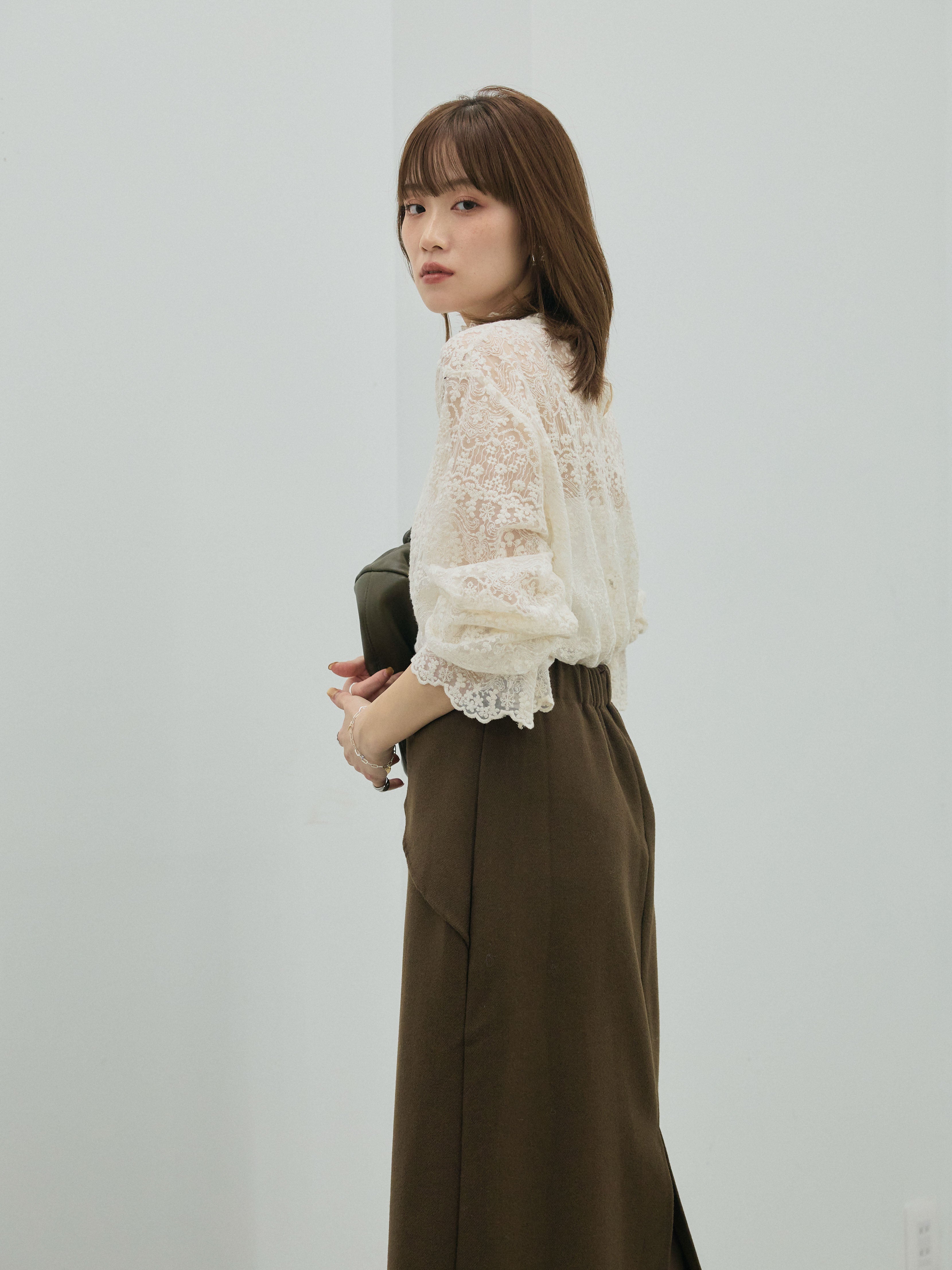 Allure】[SET]ハイネックレーストップス+ウールタッチウエスト巻き