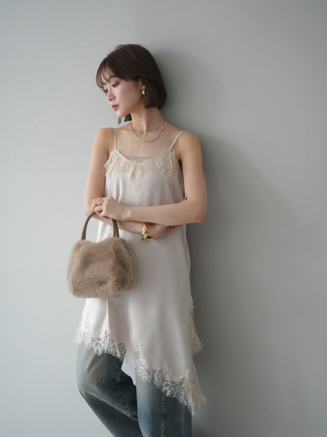 [SET]アシンメトリーサテンレースキャミソール+アシンメトリーサテンレースキャミソール(2set)