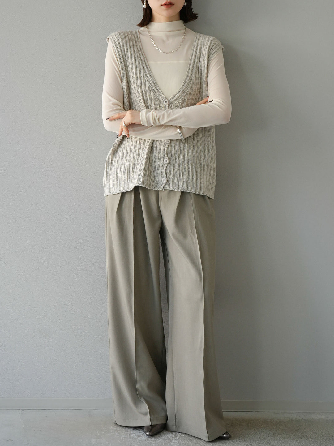 [SET]シアー切替ストレッチ長袖トップス+シアー切替ストレッチトップス(2set)