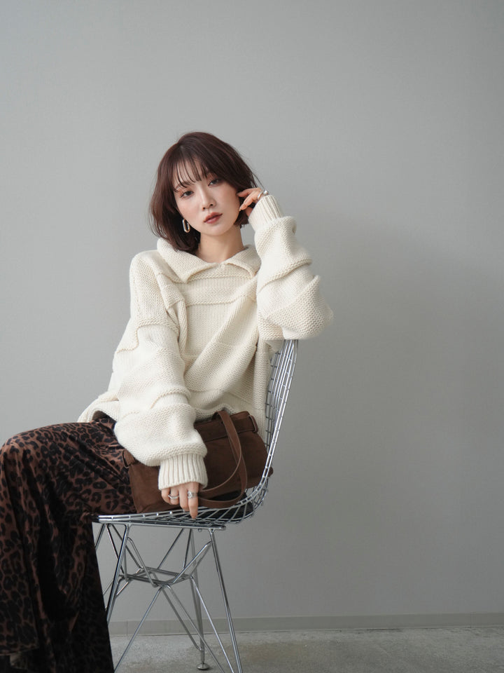[予約]襟付きボーダー編みニットプルオーバー/ivory