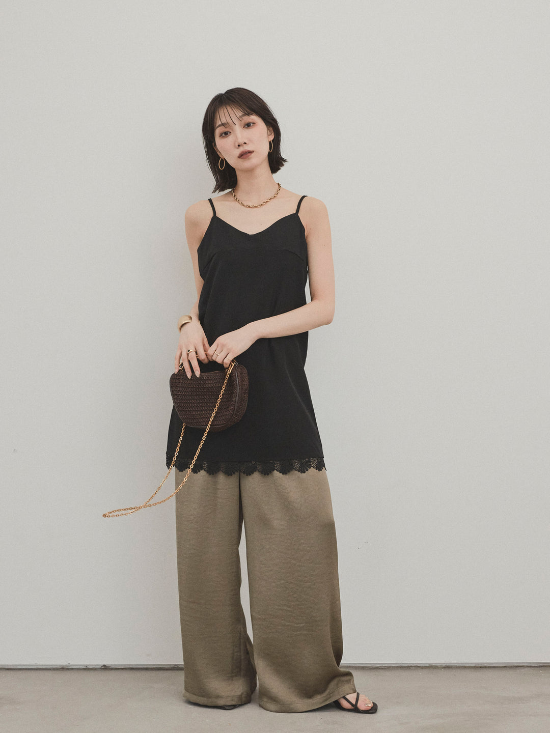 [SET]裾レース切替キャミミニワンピース+サテンイージーパンツ(2set)