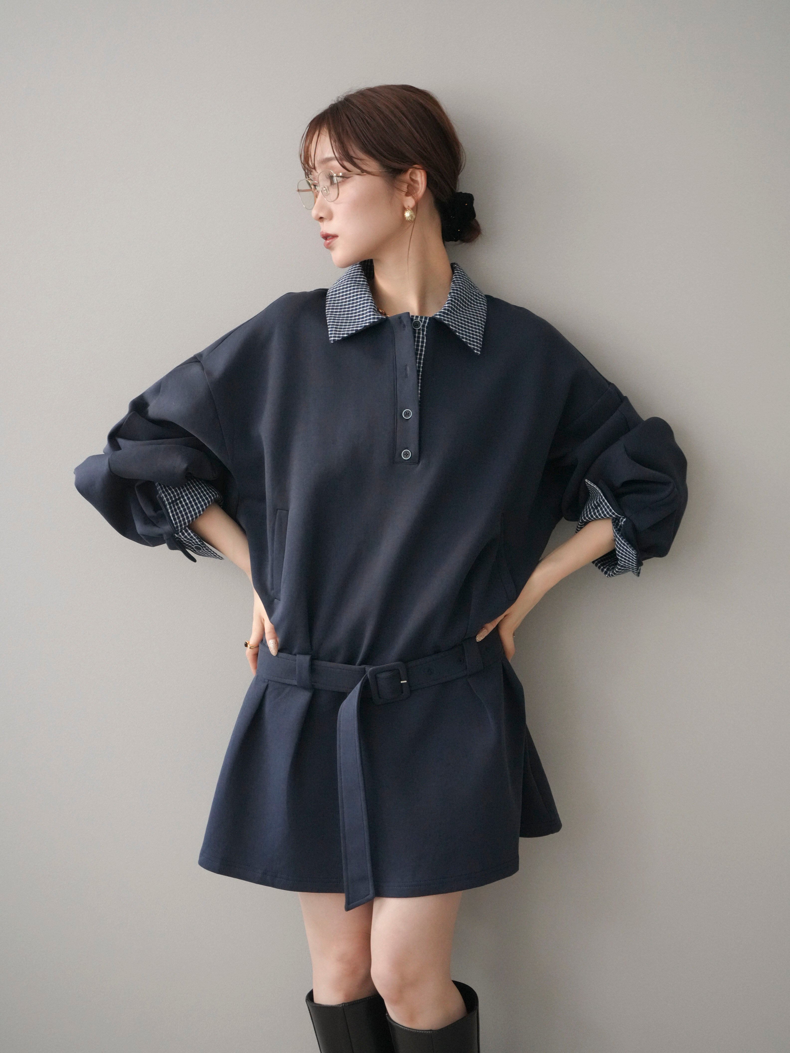 litmusミニワンピース SET]チェック襟xスエットミニワンピース+選べるアクセセット(2set