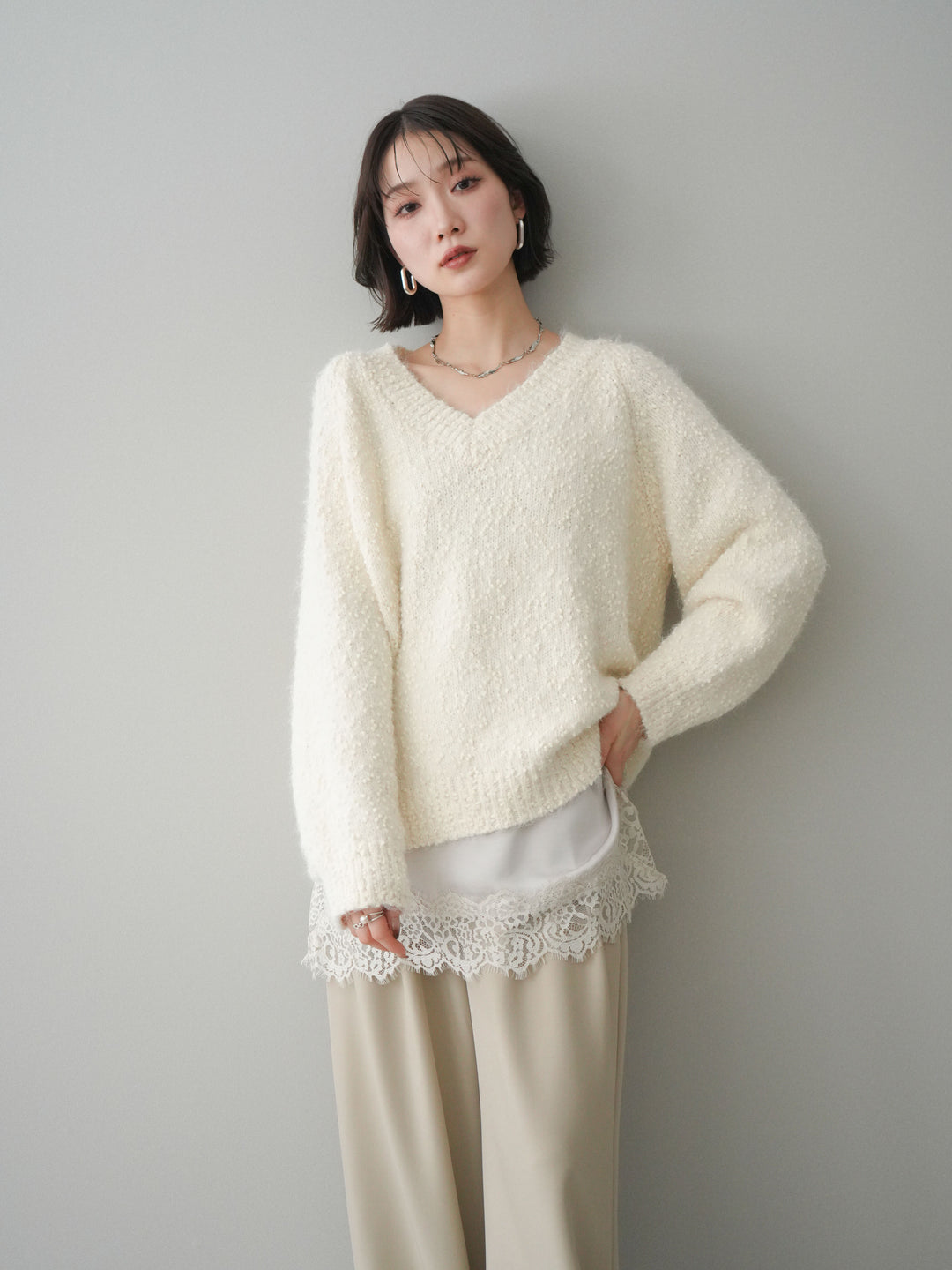 [SET]Vネックスラブニットプルオーバー+選べるアクセセット(2set)