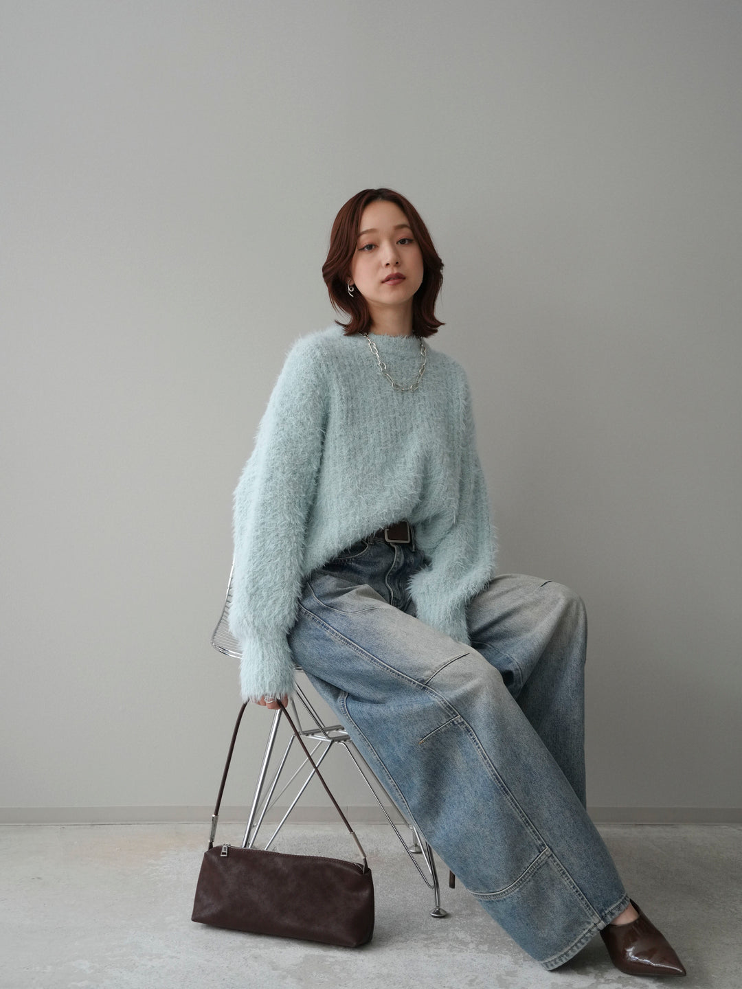 [SET]ボリュームスリーブシャギー MIXニットプルオーバー+ベルト付カーブデニムパンツ(2set)