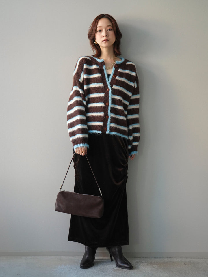 [予約]ウールタッチ配色ボーダーニットカーディガン/brown