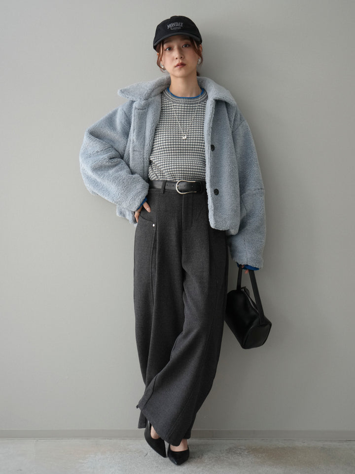 [SET]エコファーステンカラージャケット+ラメ異素材ボーダーリブニットプルオーバー(2set)