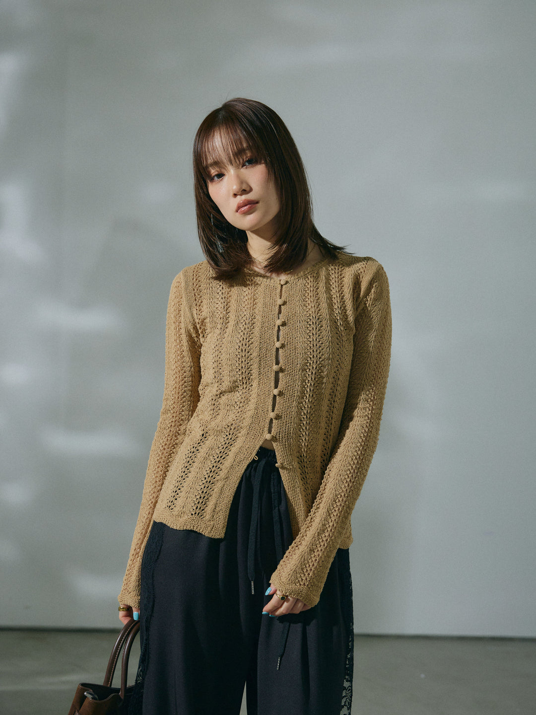 【Allure】[SET]透かし編みニットカーディガントップス+サイドピンタックレースイージーワイドパンツ(2set)