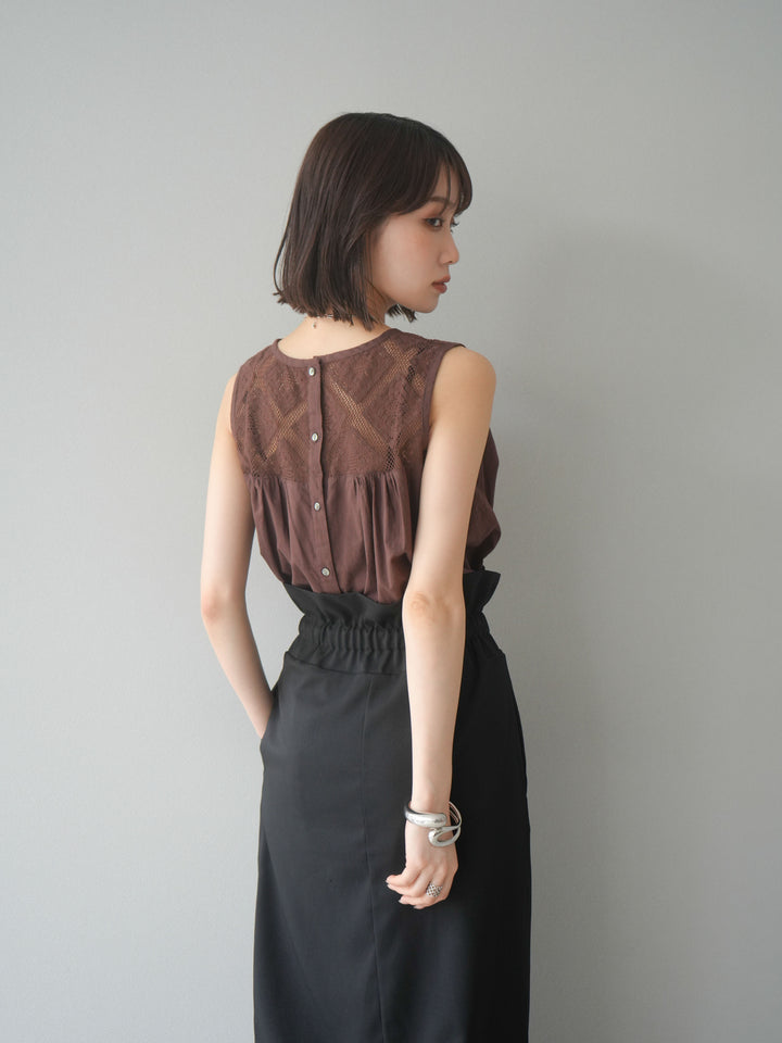 [予約]インド製コットンレース切替ノースリブラウス/ブラウン